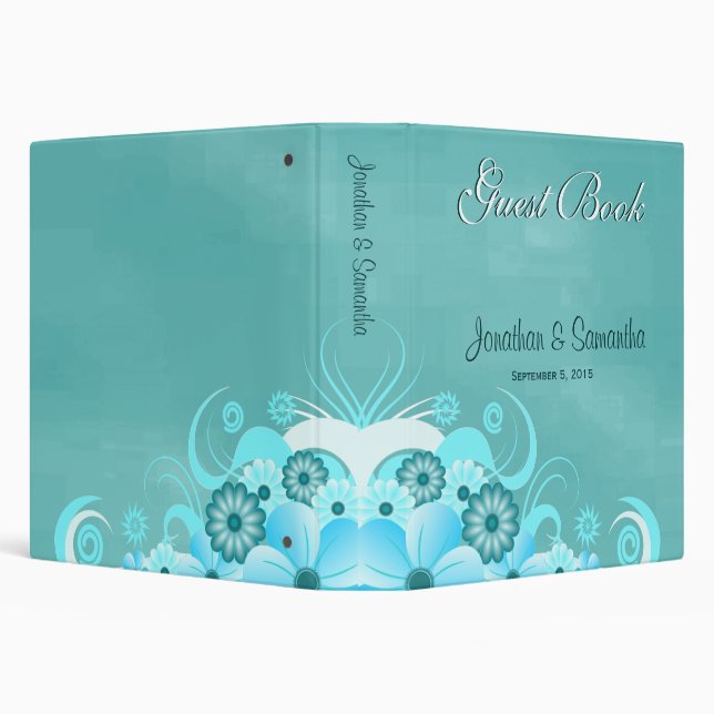 Aqua Blue Turquoise Floral 1.5" Wedding Guest Book 3 Ring Binder (Background)