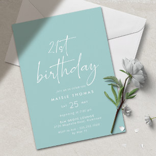 Aqua Blue Turquoise   Modern Simple 21st Birthday Invitation