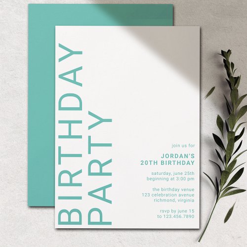 Aqua Blue Turquoise Modern Simple Any Age Birthday Invitation