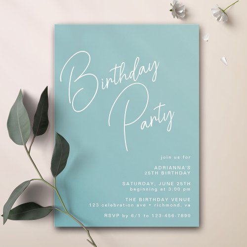 Aqua Blue Turquoise  Simple Typography Birthday Invitation