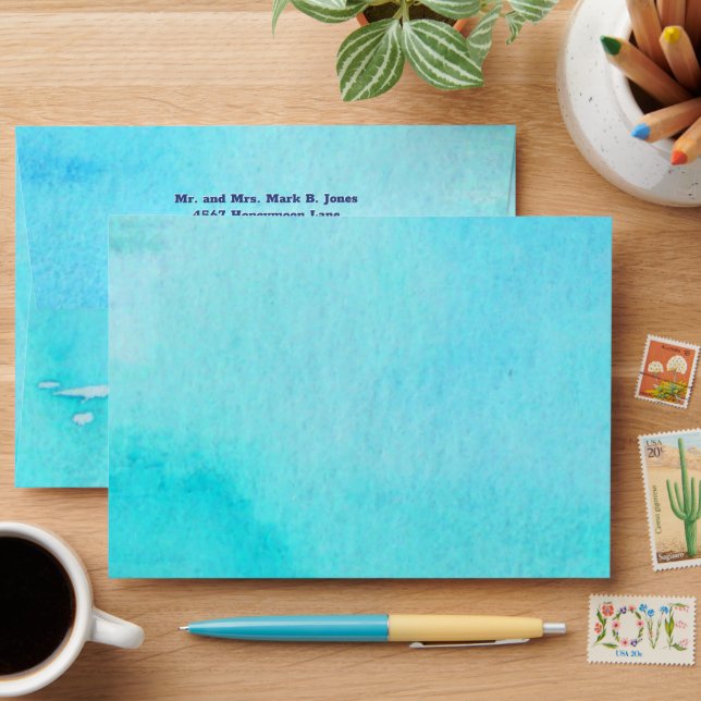 Aqua Blue Turquoise Watercolor Return Address Envelope (Desk)