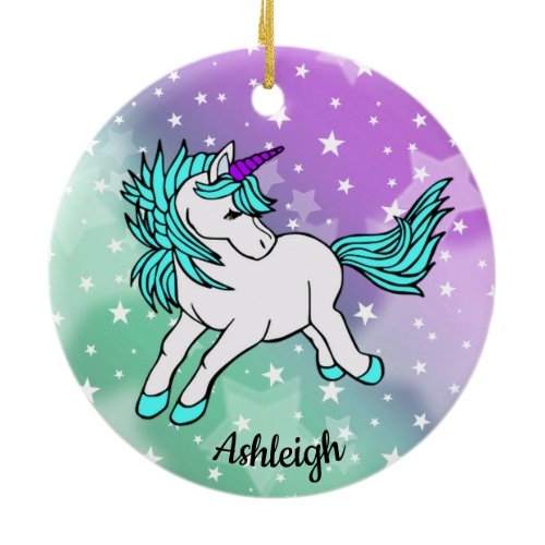 Aqua Blue Unicorn Starry Design Ceramic Ornament