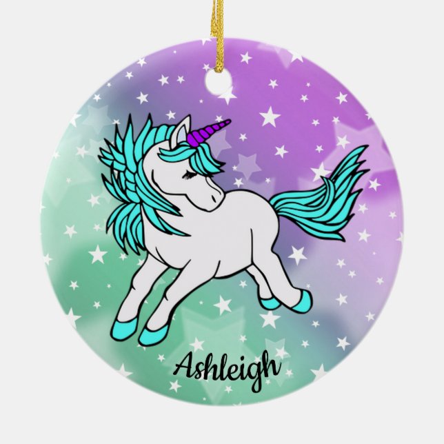 Aqua Blue Unicorn Starry Design Ceramic Ornament (Back)