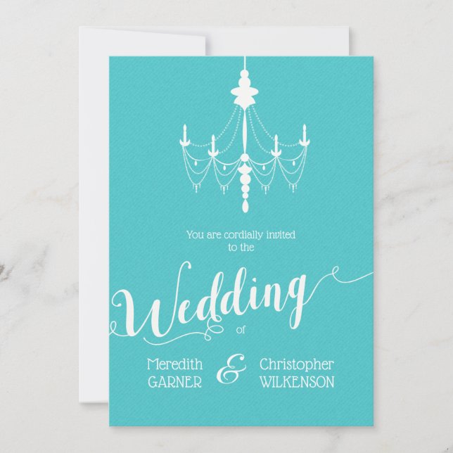 Aqua Blue Vintage Chandelier Wedding Invitation (Front)