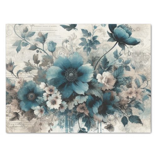 Aqua Blue Vintage Inspired Floral Tissue Paper 