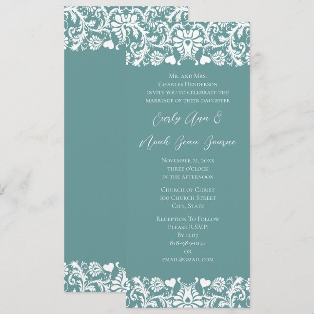 Aqua Blue Vintage Modern Damask Wedding Invitation (Front/Back)