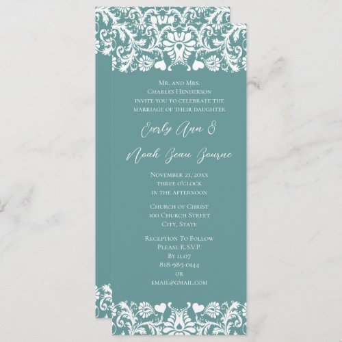 Aqua Blue Vintage Modern Damask Wedding Invitation