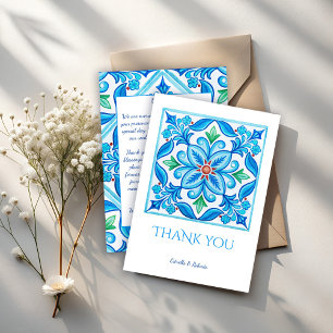 Aqua Blue vintage Talavera tiles wedding Thank You Card