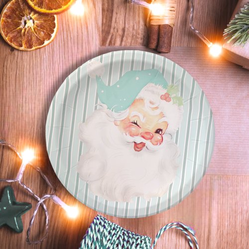 Aqua Blue Vintage Winking Santa Christmas Party Paper Plates