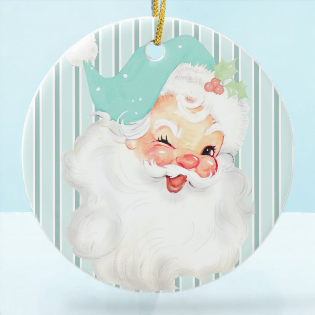 Aqua Blue Vintage Winking Santa Christmas Tree Ceramic Ornament (Creator Uploaded)