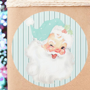 Aqua Blue Vintage Winking Santa Claus Christmas Classic Round Sticker