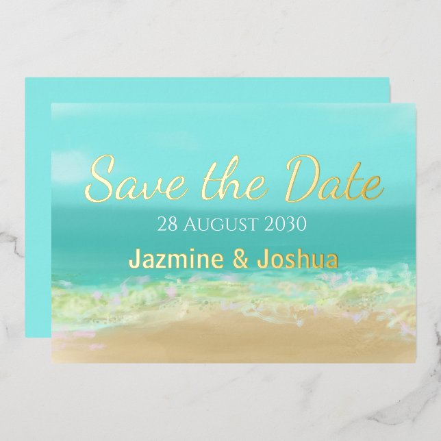 Aqua blue water/ beach seashore save the date Gold Foil Invitation (Front/Back)