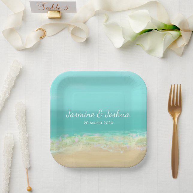 Aqua blue water/painted beach seashore  paper plates (Wedding)