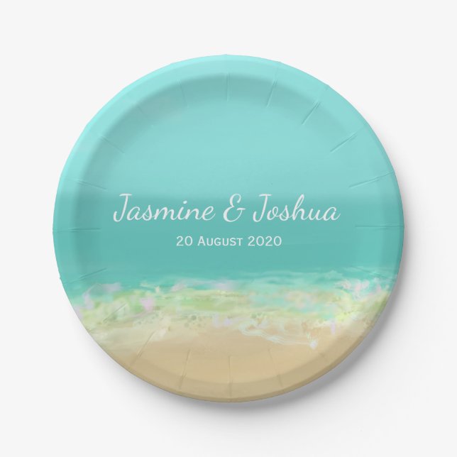 Aqua blue water/painted beach seashore paper plates (Front)