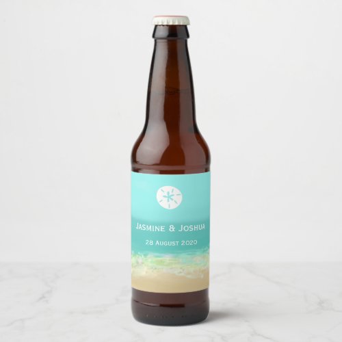 Aqua blue waterpainted beach seashore personalize beer bottle label