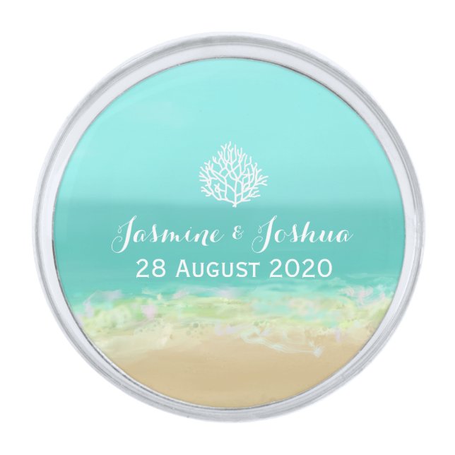 Aqua blue water/painted beach seashore personalize silver finish lapel pin (Front)
