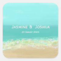 Aqua blue water/painted beach seashore personalize square sticker