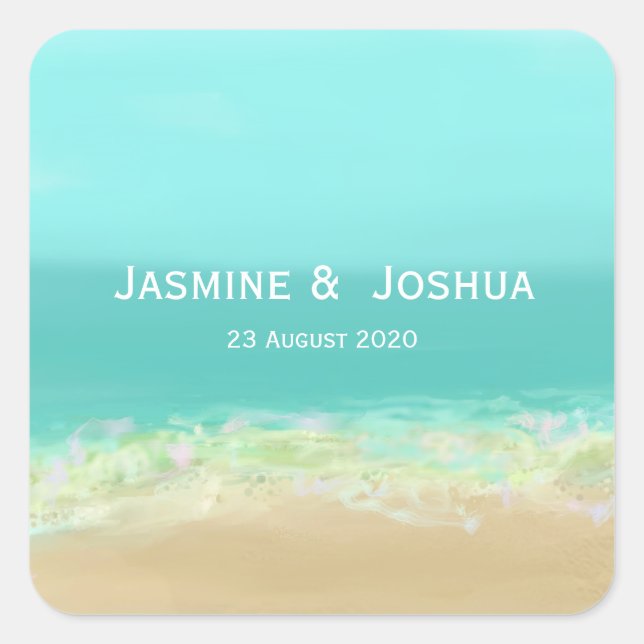 Aqua blue water/painted beach seashore personalize square sticker (Front)