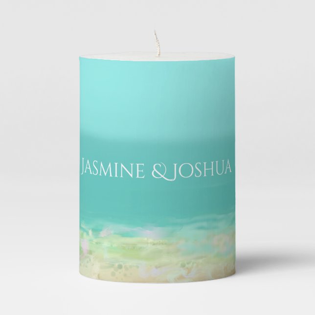 Aqua blue water/painted beach seashore pillar candle (Front)