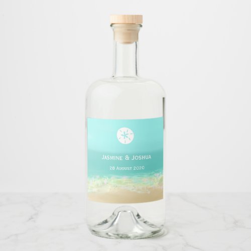 Aqua blue waterpainted beach seashore  wedding liquor bottle label