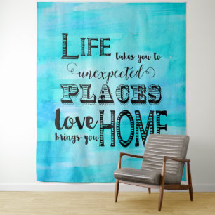 Aqua Blue Watercolor Abstract Typography Quote Tapestry