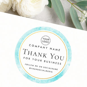Aqua blue watercolor add logo business thank you classic round sticker