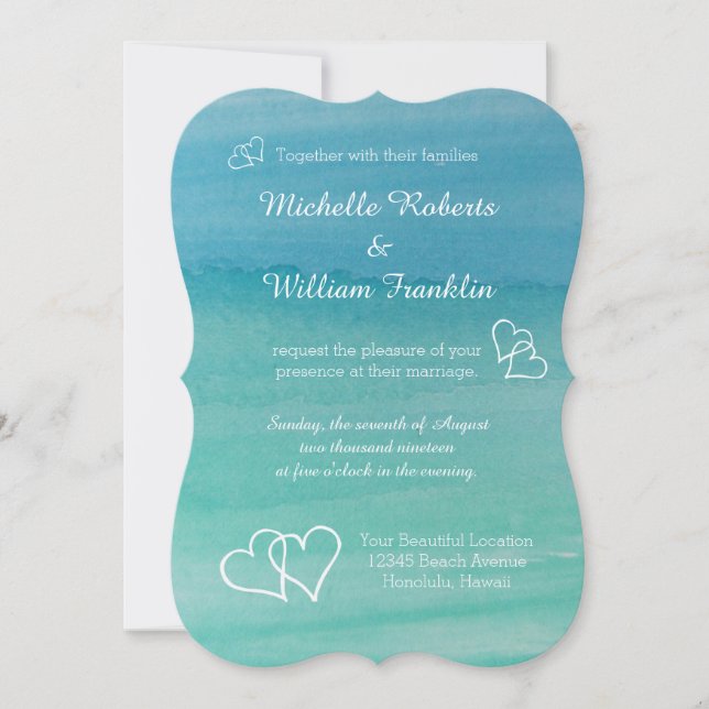 Aqua blue watercolor beach wedding invitations (Front)