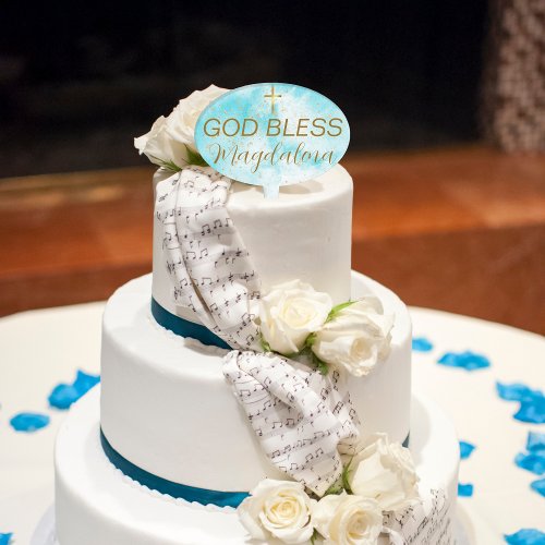 Aqua Blue Watercolor Faux Gold Foil Cross Baptism Cake Topper