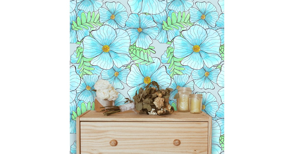 Aqua Blue Watercolor Floral Elegant Boho Pattern Wallpaper | Zazzle