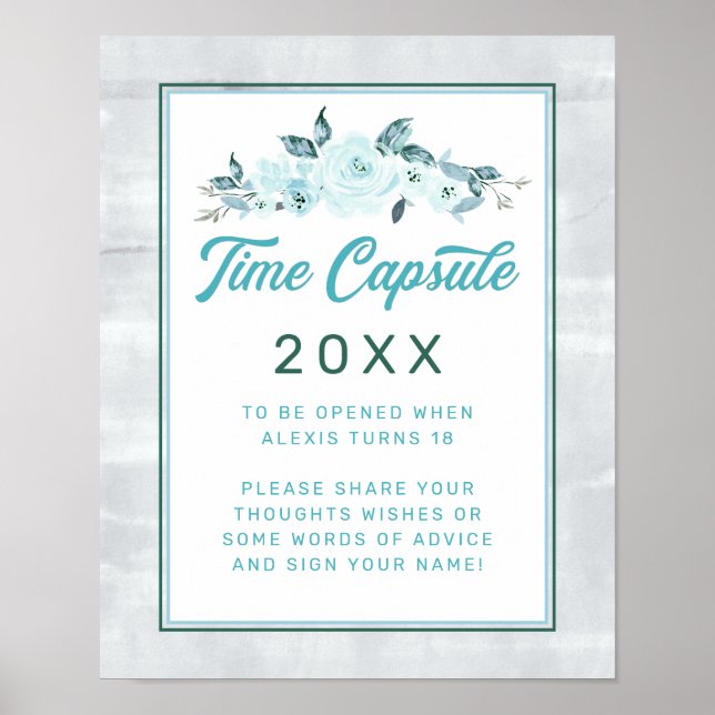 Aqua & Blue Watercolor Floral Time Capsule Sign (Front)