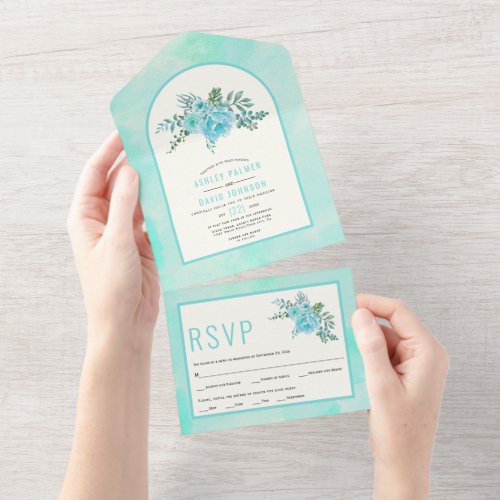 Aqua blue watercolor flowers arch floral wedding   all in one invitation