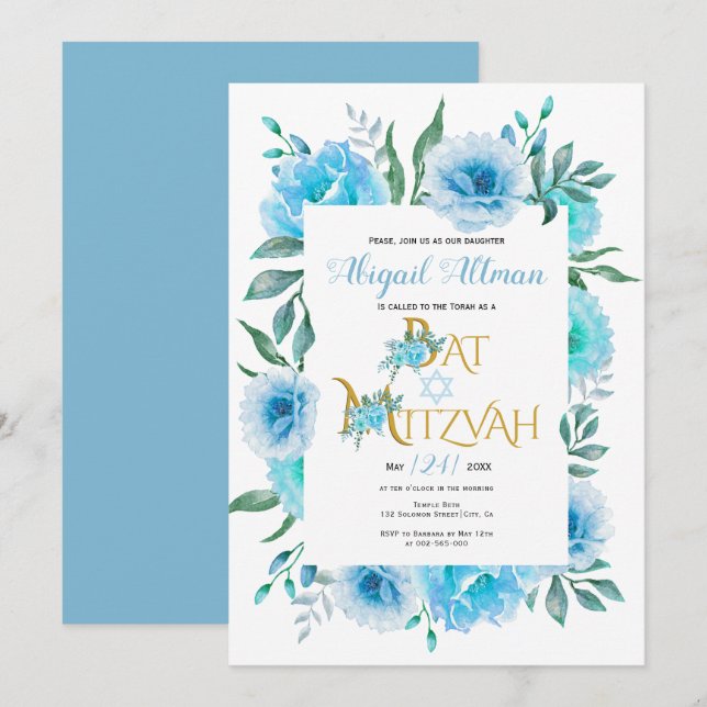 Aqua blue watercolor flowers floral Bat Mitzvah Invitation (Front/Back)