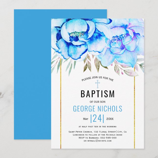 Aqua blue watercolor flowers floral boy Baptism Invitation (Front/Back)