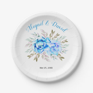 Aqua blue watercolor flowers floral wedding paper plates