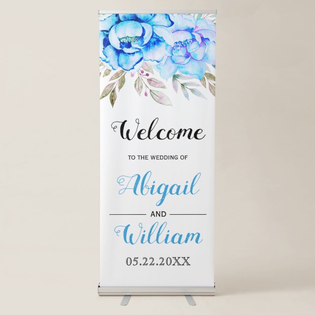Aqua blue watercolor flowers floral wedding  retractable banner (Front)