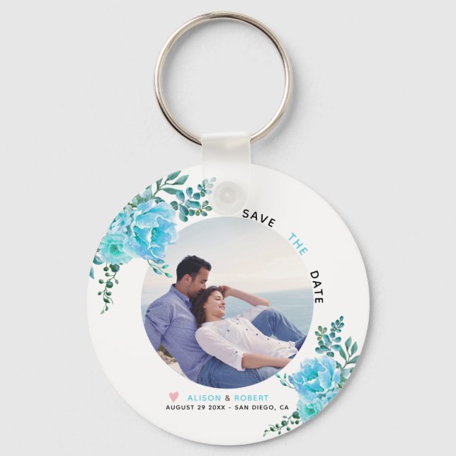Aqua blue watercolor flowers, green leaves photo keychain (Front)