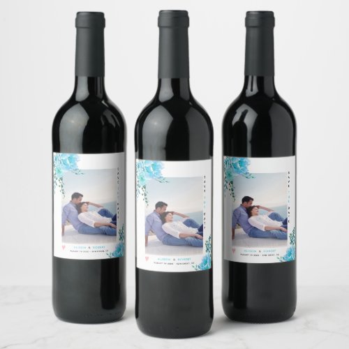 Aqua blue watercolor flowers green leaves photo wine label