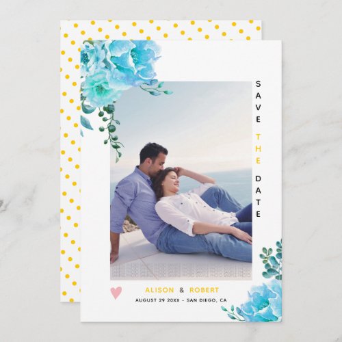 Aqua blue watercolor flowers leaves yellow photo save the date