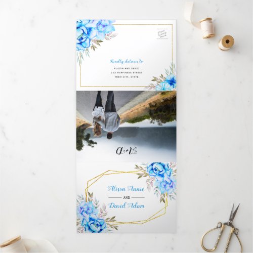 Aqua blue watercolor flowers with RSVP wedding  Tri_Fold Invitation
