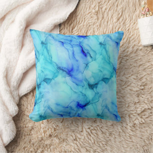Aqua Blue Watercolor Fluid Marble Throw Pillow