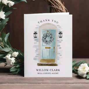 Aqua Blue Watercolor Front Door & Wreath Thank You Card