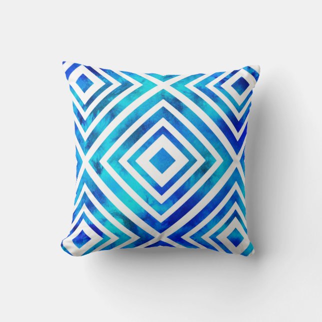 Aqua Blue Watercolor Geometric Throw Pillow (Front)