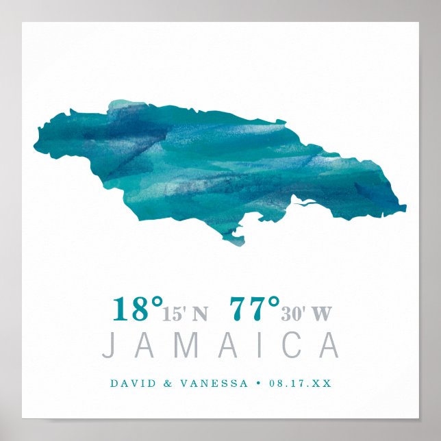 Aqua Blue Watercolor JAMAICA Map Coordinates Poster (Front)