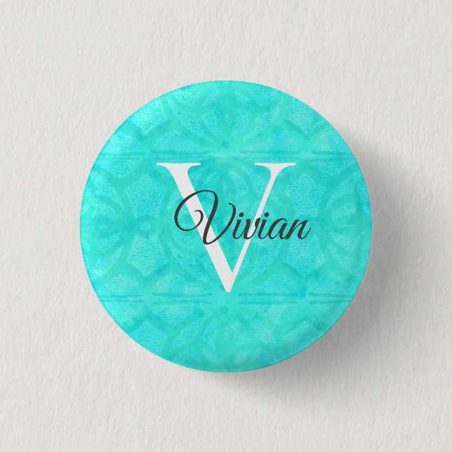 Aqua Blue Watercolor Monogram Name Button (Front)