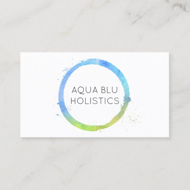 Aqua Blue Watercolor Painted Circle Logo Business Card (Front)