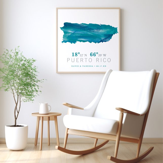 Aqua Blue Watercolor Puerto Rico Map Coordinates Poster (Creator Uploaded)