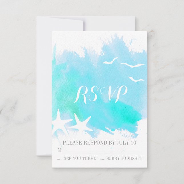 Aqua blue watercolor splash, starfish wedding RSVP (Front)