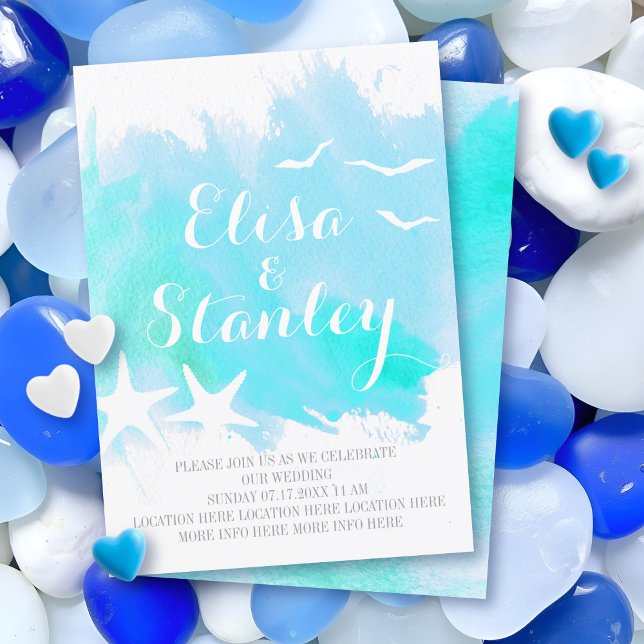 Aqua blue watercolor, starfish beach wedding invitation (Creator Uploaded)