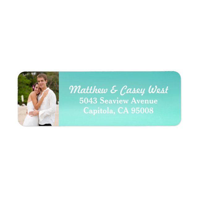 Aqua Blue Watercolor Wash Beach Photo Label (Front)