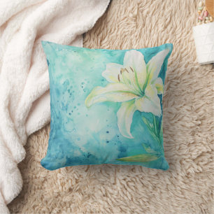 Aqua Blue Watercolor White Lily Floral Throw Pillow